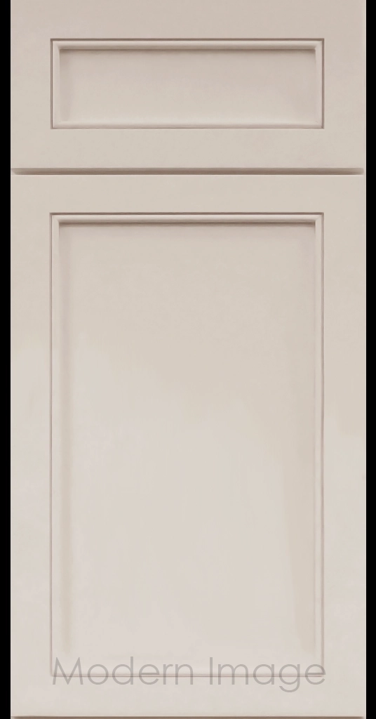 Alpine Slim Cabinet Door a narrow Stile & Rail Surrounding a flat center panel in a Beige Custom Paint